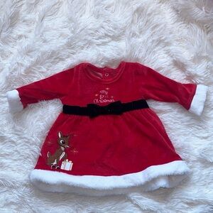 Red Christmas Dress with Reindeer Embroidery